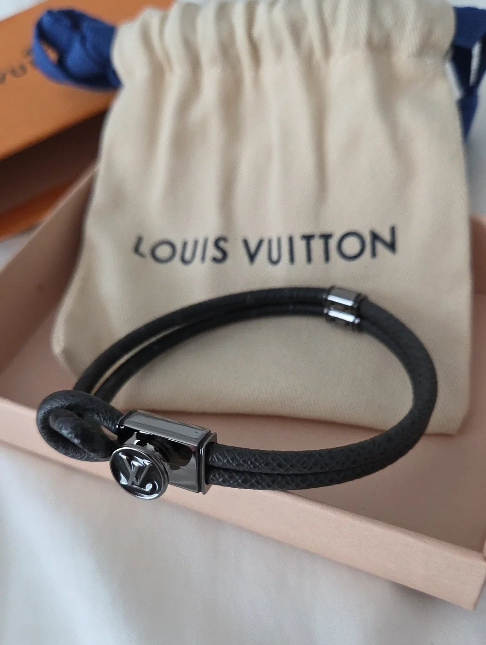 Louis Vuitton Men’s Black Leather LV Bracelet New Unused